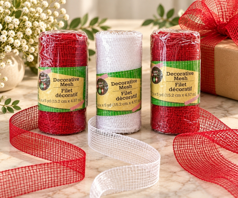 Crafters Square Red White Glitter Mesh Decorative Craft Wreath Ribbon 3 Pack New